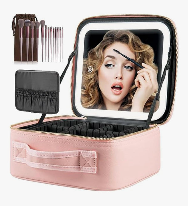 Makeup Vanity Bag with Large Light Up 3 Color Light Mirror, Adjustable Partitions, and 13pcs Brushes Set, Portable Travel Cosmetics Organizer, Storage Make-Up Accessories Box for Women, Pink.