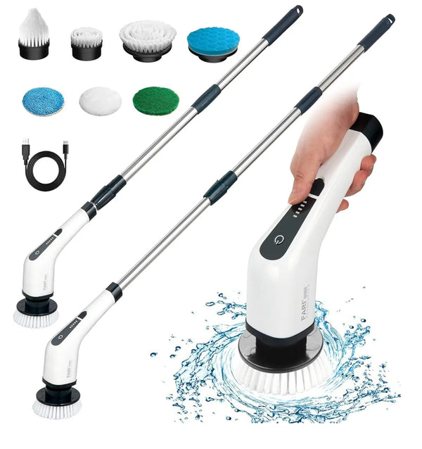 Electric Spin Scrubber, Cordless Cleaning Brush with Replaceable Brush Heads, Tub and Floor Tile 360 Power Scrubber Mop with Adjustable Handle for Bathroom Kitchen Car (White)
