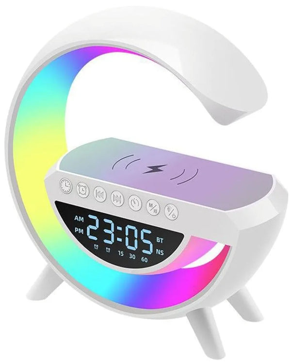 Multifunctional Bluetooth Speaker-Colorful Atmosphere Light Wireless Charging and Clock All-in-one Machine, G Shaped Smart Lamp and Bluetooth Speaker with Wireless Charger for Bedroom (with Clock)
