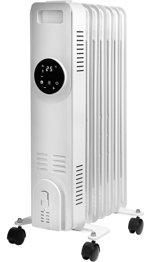Daewoo Oil Filled Radiator, 1500W, Ideal For Small To Medium Rooms, Enhanced Safety Features, Timer And Adjustable Thermostat, LED Display And Remote Control, Portable With Cord Storage, White