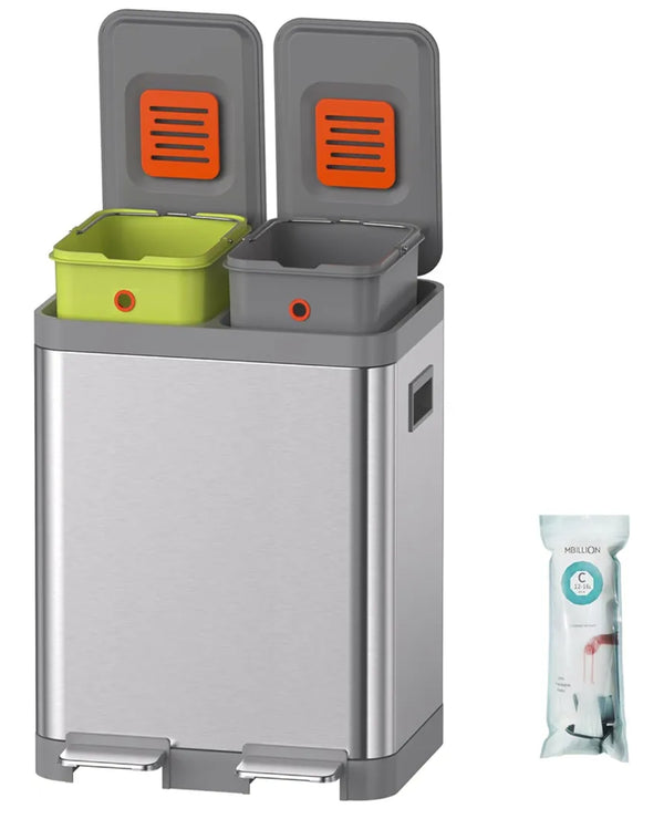 Mbillion Kitchen Bin, Dual Step Trasn Can & Garbage Recycling Bins, Stainless Steel, with Removable Inner Buckets, for Home, Office (15+15L Silver)