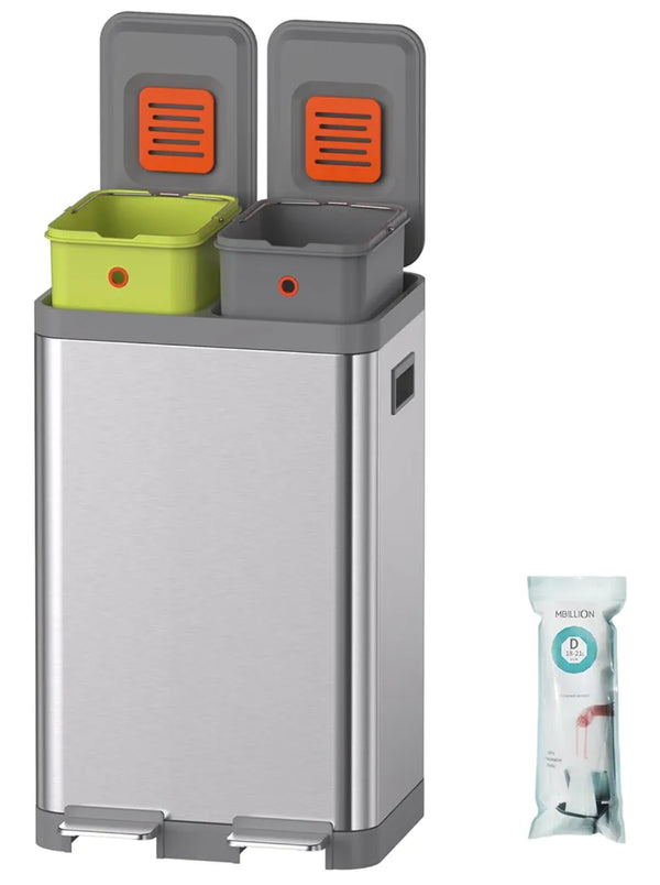 Mbillion Kitchen Bin, Dual Step Trasn Can & Recycling Garbage Bins, Stainless Steel, with Removable Inner Buckets, for Home, Office (20+20L Silver)