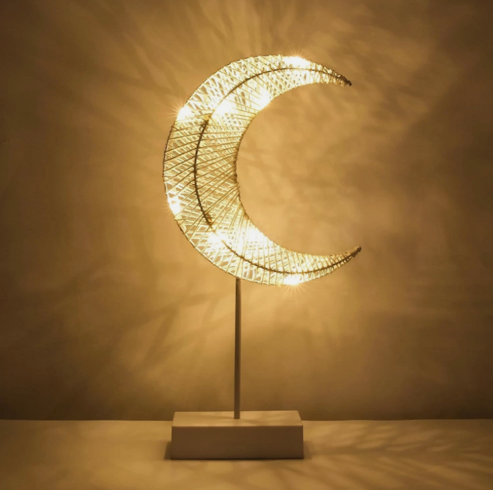Elegant Woven Cord Crescent Moon LED Night Light | Bohemian Table Lamp ...