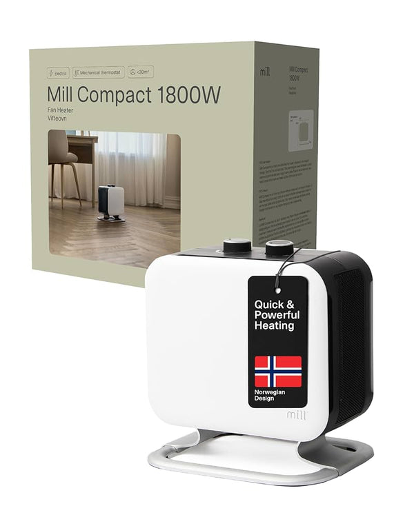 Mill Compact Portable Fan Heater 1800W, PTC Ceramic Heater for 5-30m2, MEC Electric Heaters for Home, Quiet Electric Radiators Free Standing, Rapid Heat White Plug In Radiator Designed in Norway